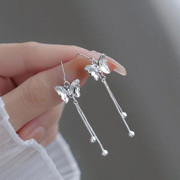 925 Silver Plated Tassel Crystal Butterfly Dangle Drop Earrings for Women - Image 3