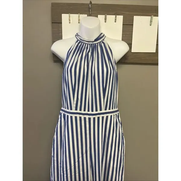 J.Crew Light Blue White Vertical Striped Halter Coastal Lined Jumpsuit Size 4 - Image 2