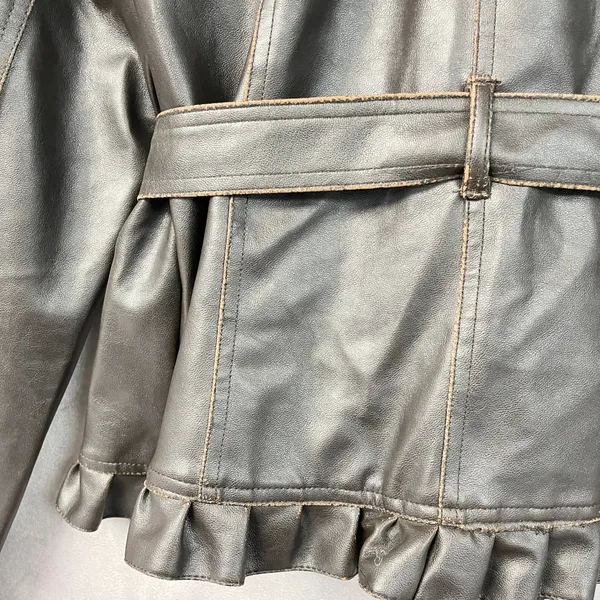 Wet Seal Womens Faux Leather Jacket XL Brown Ruffle Belted Y2K 2000s McBling - Image 6