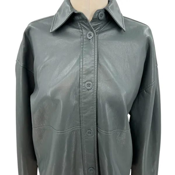 Aritzia Babaton Pelli Hip Shirt Jacket Vegan‎ Leather Shacket Gray Green XS - Image 5
