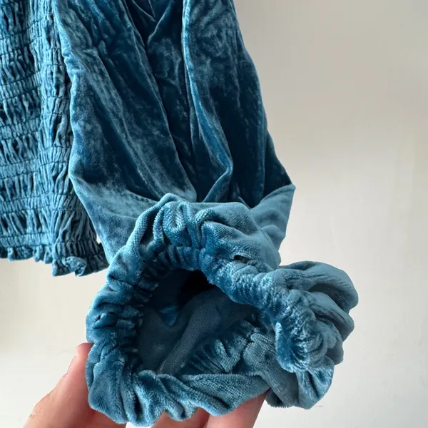 Anthropologie Smocked Puff Sleeve‎ Blue Velvet Square Neck Long Sleeve Top - Image 5