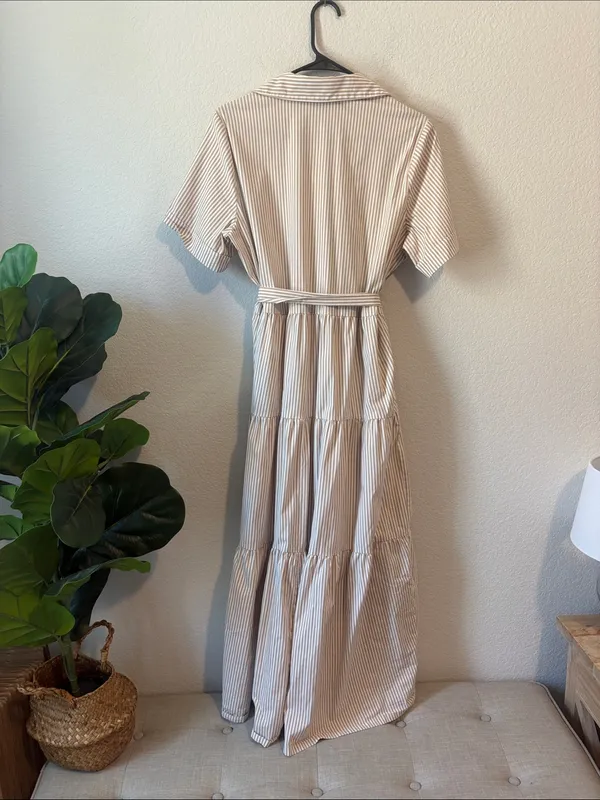 Chico's Cream and Tan Striped Button-Front collared tiered Maxi Dress - Image 5