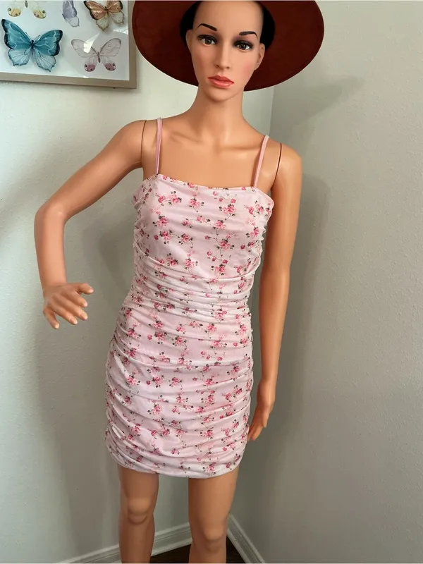 SheIn Pink Floral Ruched Spaghetti Strap Mini Dress - Image 3