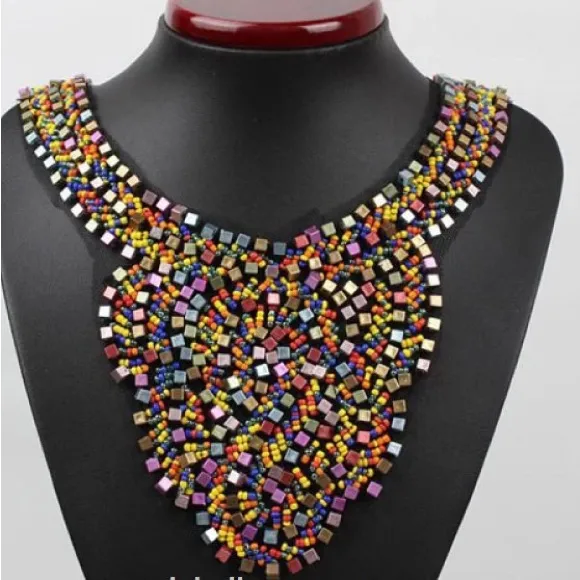 Colorful Metallic Beaded Tribal Ethnic Bib Scallop Edge Statement Necklace - Image 4
