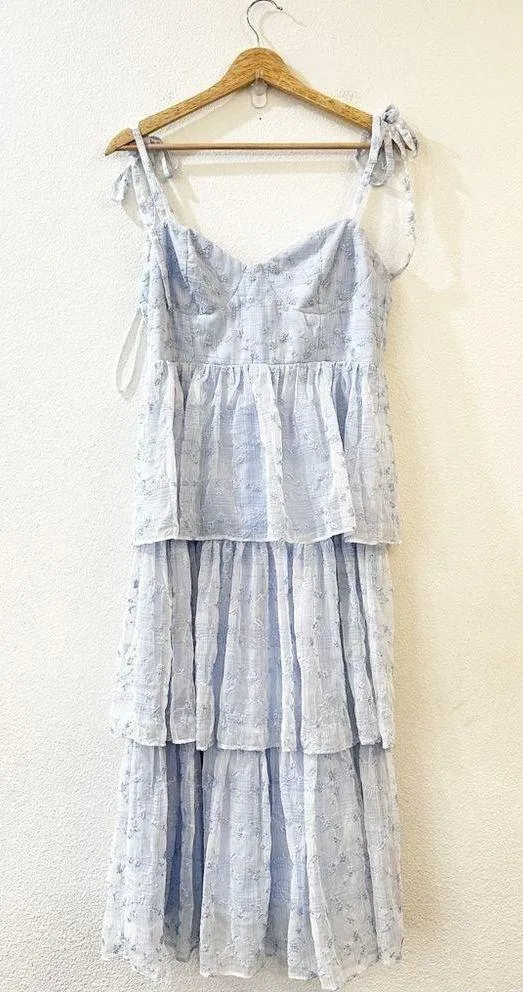 Lulu’s Vineyard Visit Blue Embroidered Tie-Strap Tiered Midi Dress Light Blue L - Image 6