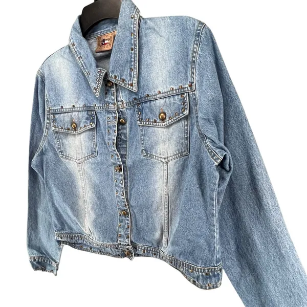 Don't Mess With Texas Jean‎ Jacket Womens XL Blue Denim Studded Western Cowgirl - Image 2