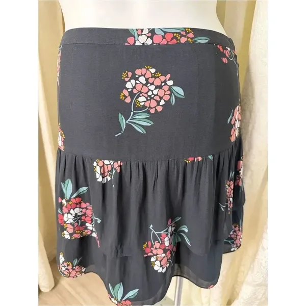 LOFT Black Tiered Mini Skirt with Pink & Green Floral Print - Image 5