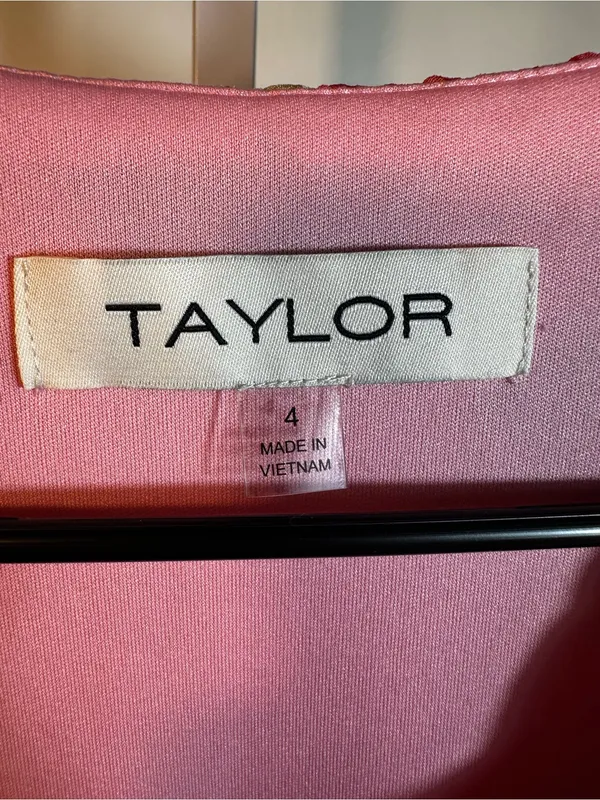 P376. Taylor Pink Floral Wrap Dress with Green Leaf Accents - Image 2