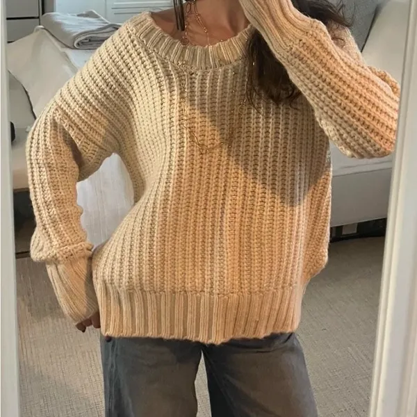 Aerie Cream Chunky Knit Crew Neck Sweater XS Oversized - Image 12