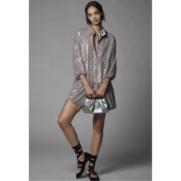 Anthropologie Maeve Bettina Mini Shirt Dress in Sparkly Silver Sequins Size XS‎ - Image 12