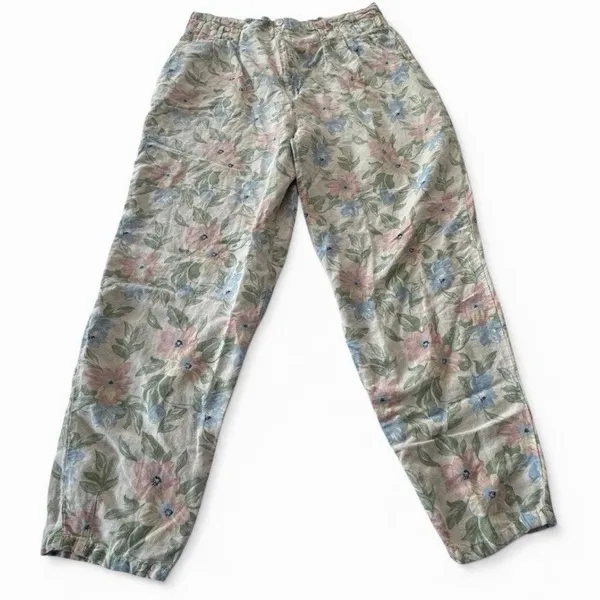 Vintage 90s Pastel Floral Linen Pants TARAZZIA Size Large Cottage Coastal Boho - Image 2