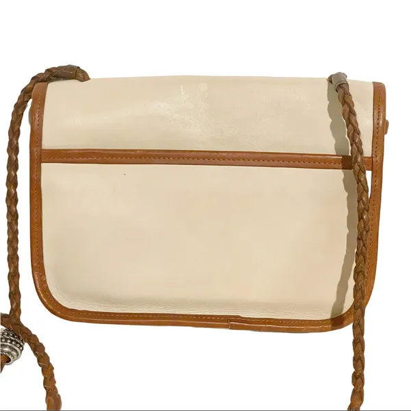 Brighton Vintage Leather Beige Cream‎ Pebbled Brown Trim Braided Crossbody Bag - Image 5