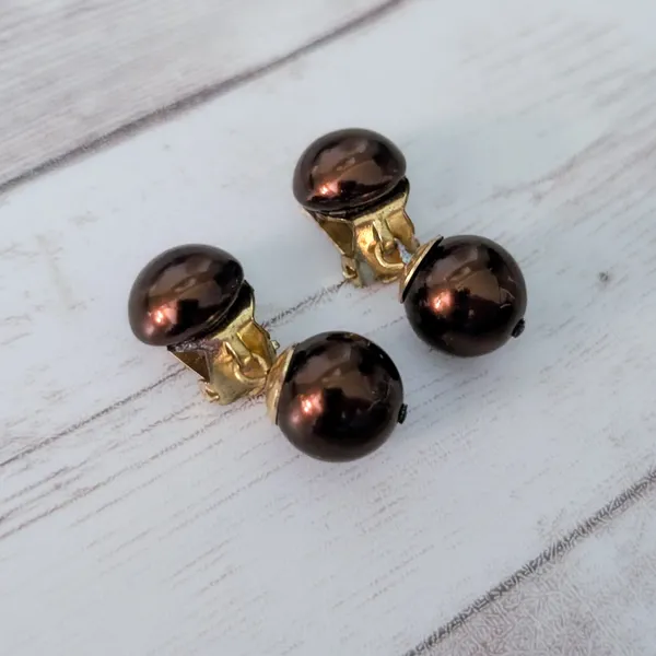 Vintage Clip On Earrings Metallic Brown Regal Elegant Statement Earrings - Image 2