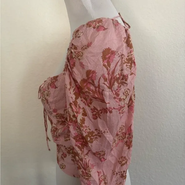 Free People Floral Crop Top M Pink Combo Smocked Puff Sleeve OB1569574 - Image 7
