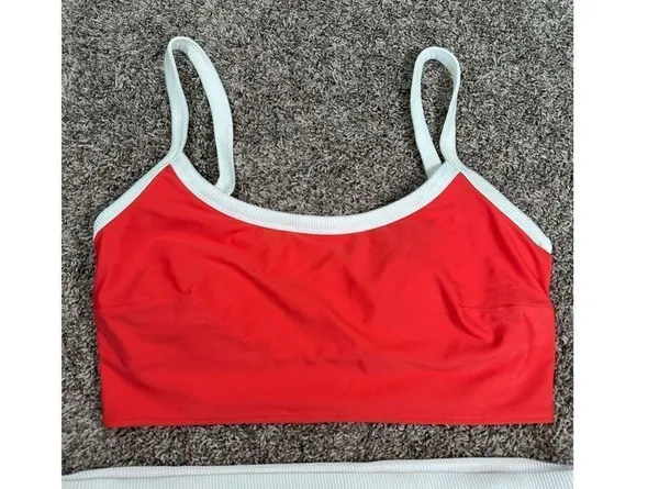 aerie bikini swim set red white ribbed scoop neck longline matching set L - Image 2