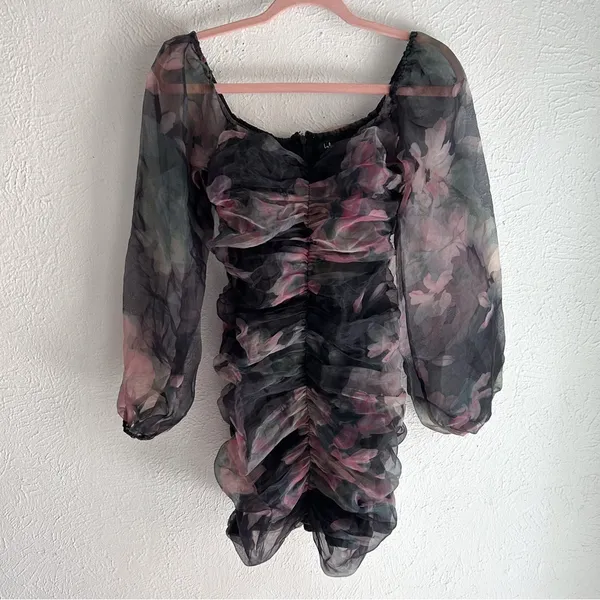 Lulus Midnight Mirage Black Floral Ruched Organza Bodycon Mini Dress Small - Image 4