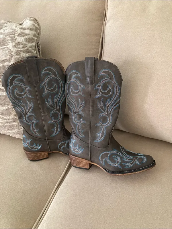 Brown Leather Western Boots with Blue Embroidery - Image 3