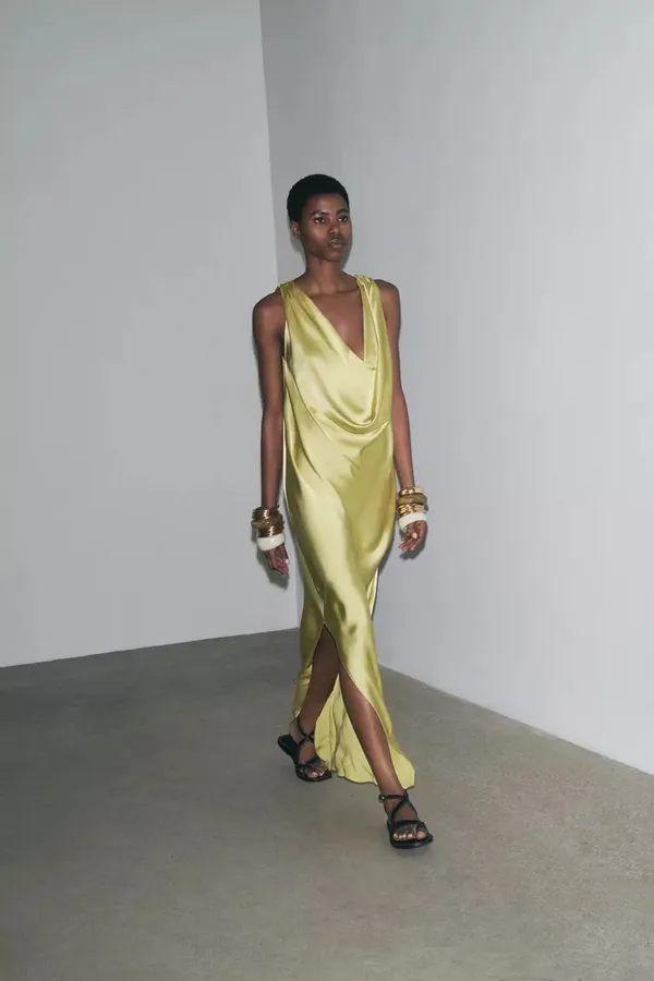 Zara maxi dress zwcollection satin flowy Sleeveless Lime evening party wedding - Image 10