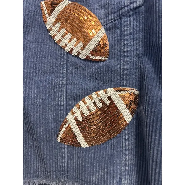 Women’s Blue Size Large Sequin football Game Day corduroy Fringe Jacket Coat - Image 3