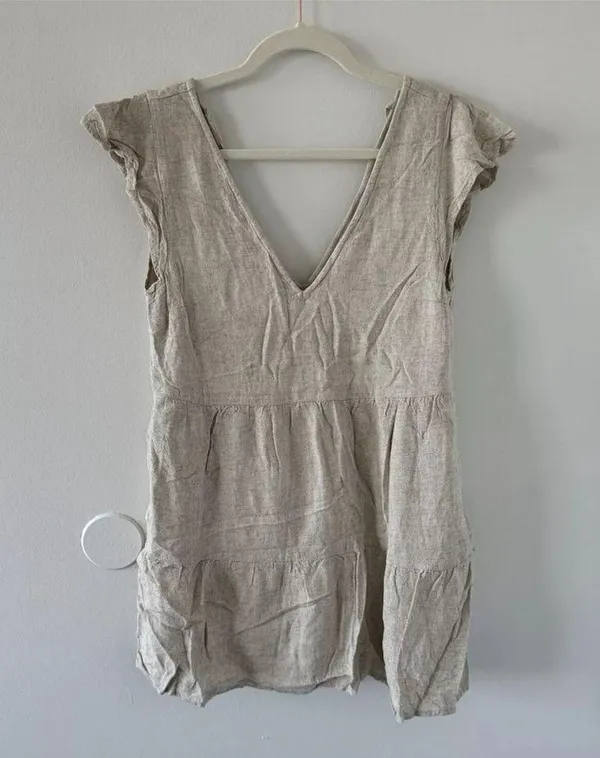 Abercrombie & Fitch Beige Lined Tiered V-Neck Pocket Dress Linen Blend Size S - Image 7