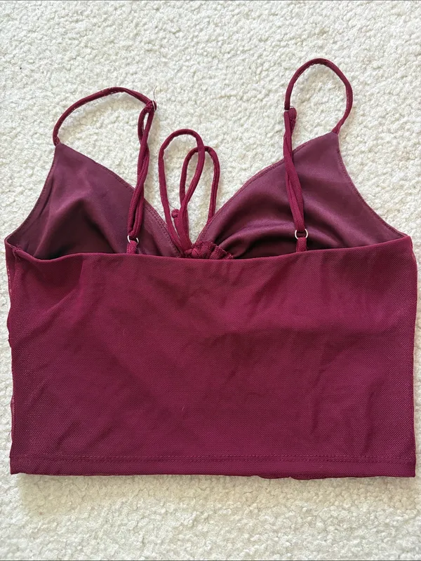 Urban Outfitters Burgundy Mesh Lace-Up Crop Top - Image 4