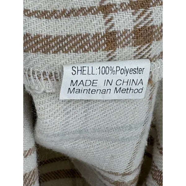 Plaid Shacket Women Medium Tan Oversized Flannel Button Up Shirt Neutral Cozy - Image 7
