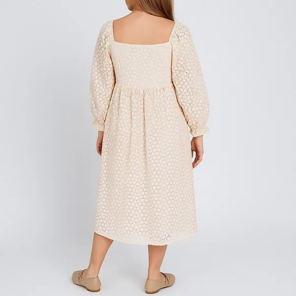 Storia Floral Lace Midi Dress Cream Long Sleeve Square Neck Fit Flare Medium - Image 4