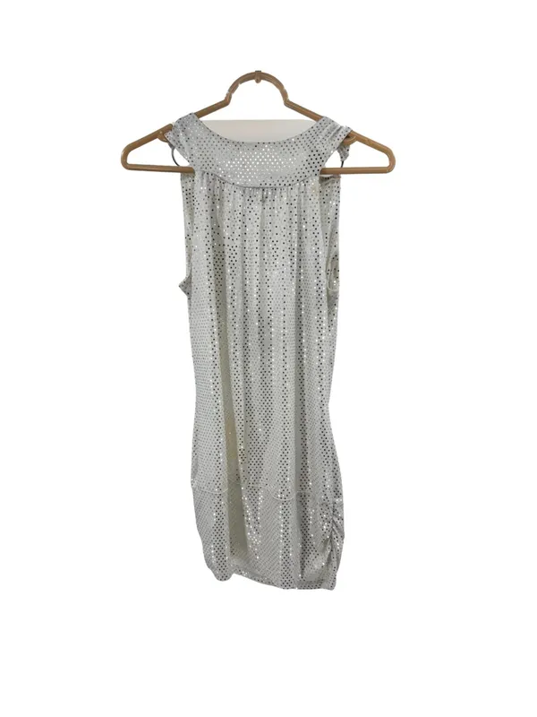 Lipstick Silver Sequin White Sleeveless banded Top ring detail L draped neck Y2K - Image 2