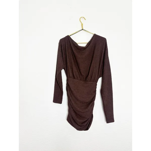 Showpo Alyce Mini Dress Size 4 Brown Ruched Off Shoulder Textured Knit - Image 14