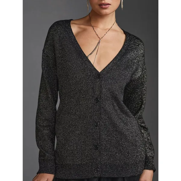 Velvet by Graham & Spencer Lurex Cotton Cashmere Blend Cardigan Black Metallic M - Image 3