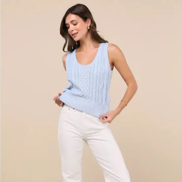 Lulus Sophisticated Staple Light Blue Cable Knit Sweater Vest Size Small - Image 3