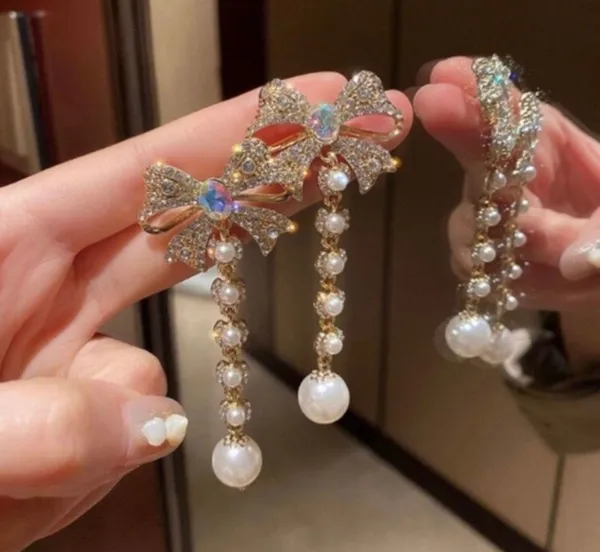 Women's Pearl Rhinestone Bow Tassel Dangle Drop Earrings Gold - Image 2