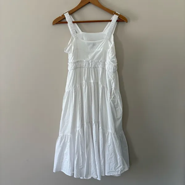 Pinch Tiered Midi Dress Cotton Poplin Sundress Pockets‎ Sleeveless White Size L - Image 7