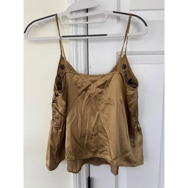 Zara Gold Satin Embroidered Camisole Top V-Neck Peplum Tank Small - Image 4