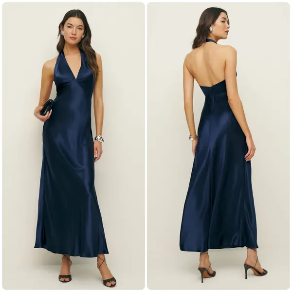 Reformation Daniela Silk Maxi Dress Navy Blue size 2 C0 - Image 2