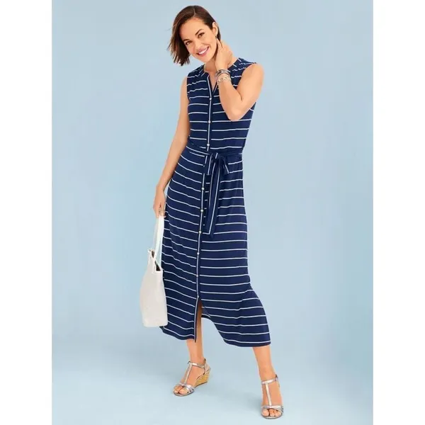 ✨TALBOTS  BUTTON-FRONT STRIPE JERSEY MAXI SZ LARGE DRESS✨ - Image 2