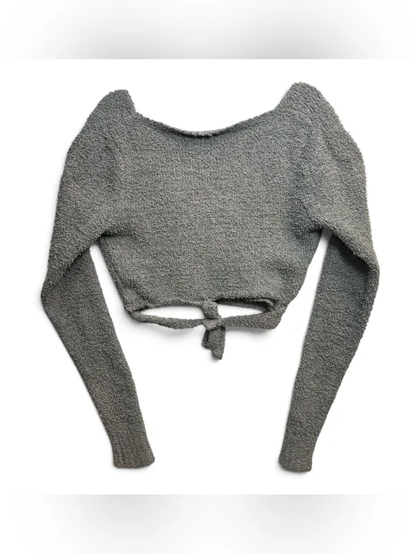 SKIMS Gray Cozy Knit Wrap Crop Top Long Sleeve Tie Waist L/XL - Image 4