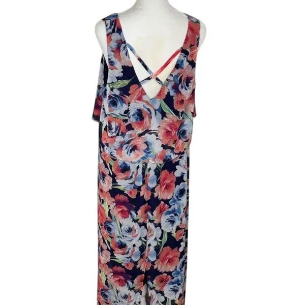 Blue Orange Floral Maxi Dress M V Neck Crisscross Back Summer Boho - Image 4