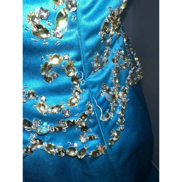 Sherri Hill Strapless Mermaid Style Prom Dress Gown Size 4 Gold Beaded Turquoise - Image 7
