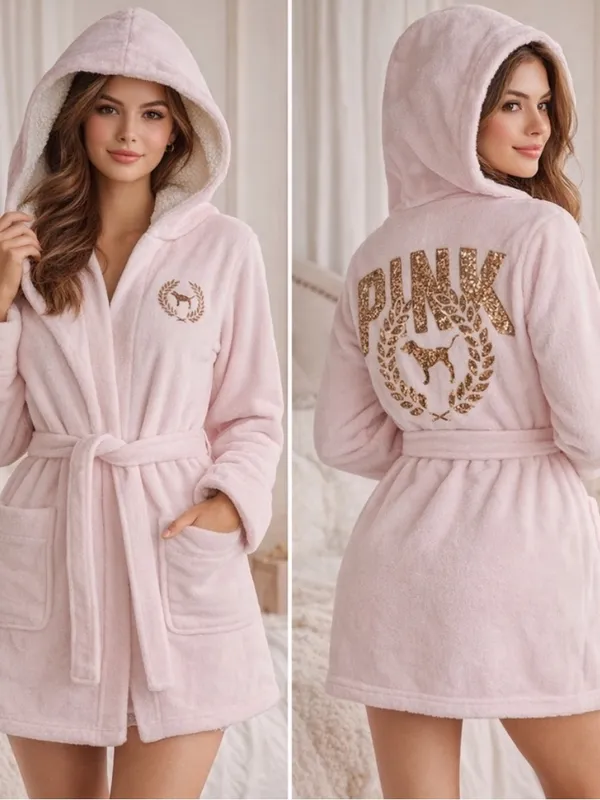 Victoria’s Secret Pink Gold Sequins logo Sherpa Bathrobe - Image 2