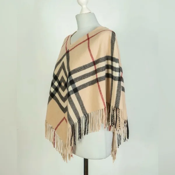 Burberry London Lamba Wool Nova Check Scarf Poncho Plaid Tan Black Red Fringe - Image 3