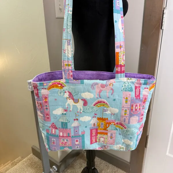 Handmade Quilted‎ Tote Bag Castles Unicorns Fantasy Pink Purple Blue Large Purse - Image 6