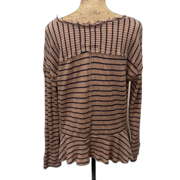 Free‎ People We The Free Auntie Em Top Tan Navy Striped Waffle Peplum Size Large - Image 3
