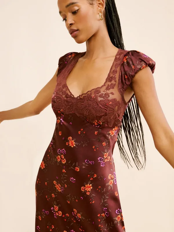 Free People Butterfly Babe Burgundy Floral Satin Lace-Trim Maxi Dress - Image 3