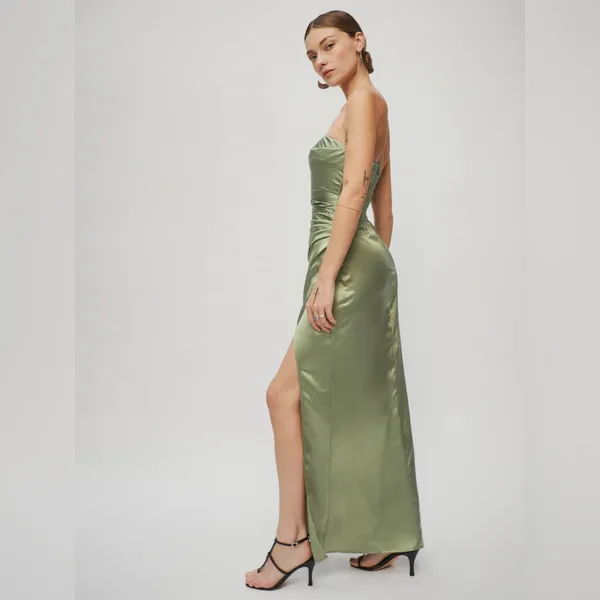 Reformation Barrow Artichoke Green Silk Strapless Cocktail Gown Size 2 NWT - Image 5