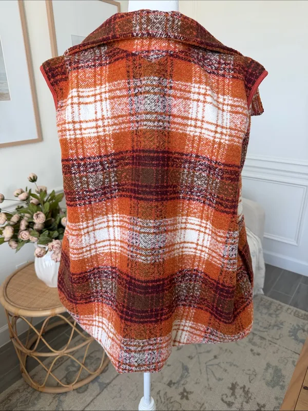 Free People Wrapped Up Blanket Vest Orange Plaid Wool Blend S - Image 8
