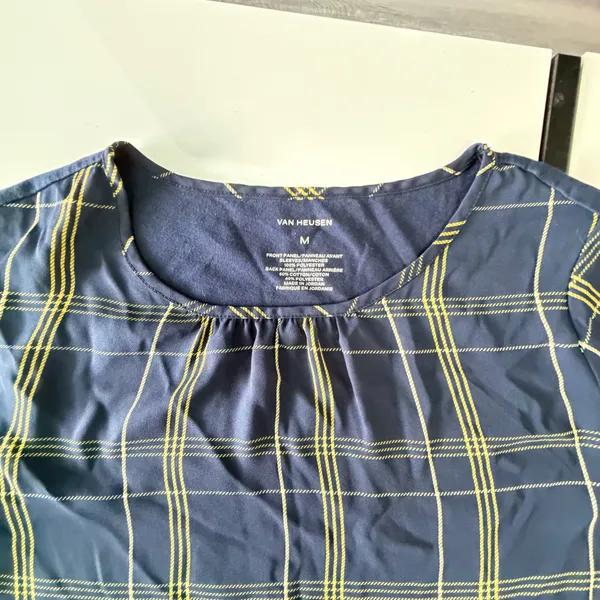 ✨ Van Heusen Women’s Plaid Short Sleeve Blouse Navy & Yellow - Image 7