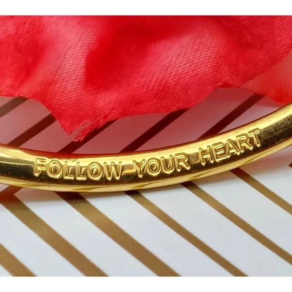 Gold Tone Signed Cuff Bracelet Well Made Engraved Follow Your Heart - Image 8