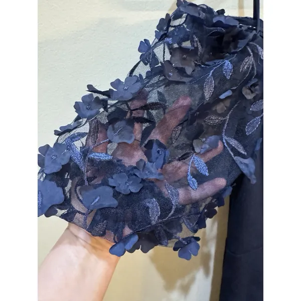 Xscape "BERNICE" TECHNO‎ SCUBA 3D FLORAL SLEEVE FLOOR LENGTH DRESS Navy Size 4 - Image 6