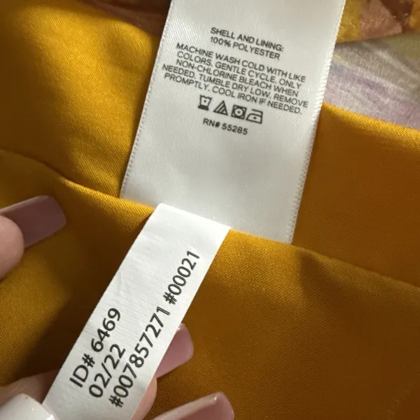 NWOT Express Satin Mustard Yellow Floral Bird Twist Front Tulip Midi Dress Small - Image 12
